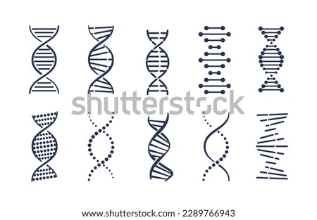 DNA icons set. Collection of graphic elements for website. Structure of modlecule and cell. Microbiology, genetic and biochemistry. Cartoon flat vector illustrations isolated on white background