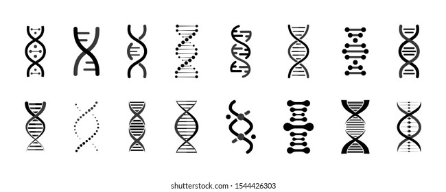 DNA icons set. Structure molecule, chromosome icon. Pictogram of Dna vector, genetic elements and icons collection. Molecule genome code, chromosome spirals and helix chains. Genetics Vector Design