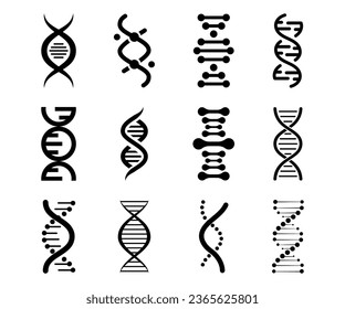 Iconos de ADN. Conjunto vectorial de elementos ADN. Modelo de gen de vida biocódigo genético molécula símbolos médicos. Molécula de estructura, icono cromosómico. Adn pictograma, signo genético, colección de elementos e iconos