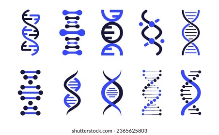 Iconos de ADN. Conjunto vectorial de elementos ADN. Modelo de gen de vida biocódigo genético molécula símbolos médicos. Molécula de estructura, icono cromosómico. Adn pictograma, signo genético, colección de elementos e iconos