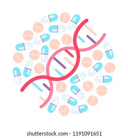 DNA Illustration. Genome Sequencing. Different Pills In Circle