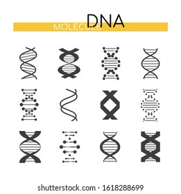 DNA images - line design style vector elements isolated on white background. Black pictures of double helix, different forms and shapes. Deoxyribonucleic acid vertical illustrations. Genetics concept