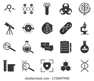 Dna, info. Bioengineering glyph icons set. Biotechnology for health, researching, materials creating. Molecular biology, biomedical and molecular engineering