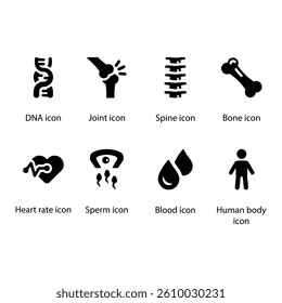 DNA, Joint, Spine, Bone, Heart rate, Sperm, Blood, Human body, Black Icon Set