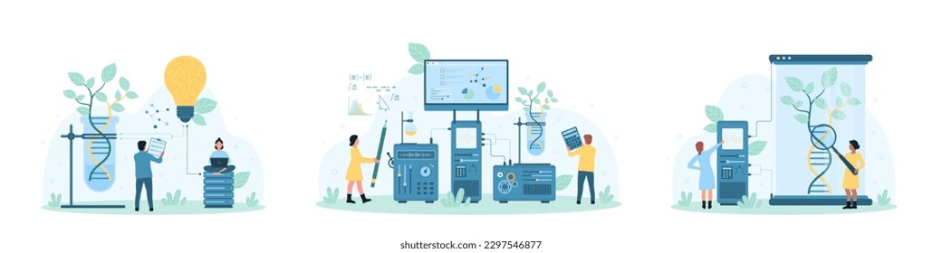 DNA lab research set vector illustration. Cartoon tiny people with magnifying glass and laboratory equipment work on science experiment, scientists explore ancestry, discovery of chromosomes and genes