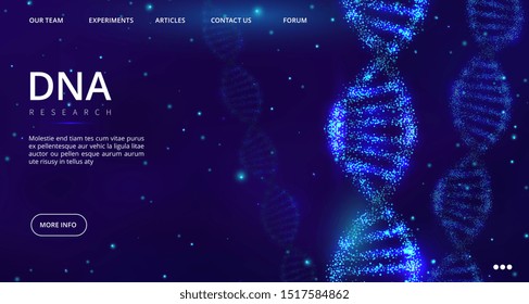DNA landing page. Vector genetics engineering web page template. Medical banner design with DNA spiral