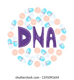 DNA Lettering. Genome Sequencing. Different Pills In Circle.