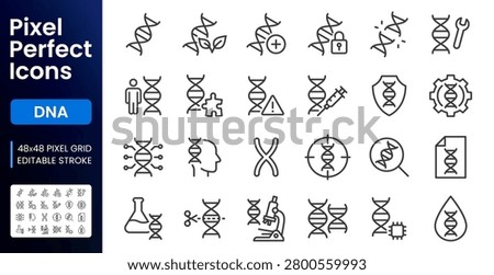DNA line icon set. Gene research, genome helix, protein structure, chromosome, genetic heredity, GMO linear minimal vector illustration. Simple outline signs. 48x48 Pixel Perfect. Editable Stroke