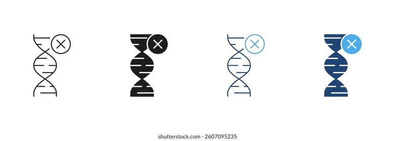 DNA Line and Silhouette Icon Set with Cross Symbol, Genetic Mutation or DNA Modification Issues in Biology and Chemistry. Editable Stroke. Isolated Vector Illustration.