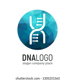 DNA logo in circle with blue polygonal texture. Isolated Deoxyribonucleic acid logotype on white background. 25 april world genetic day icon
