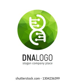 DNA logo in circle with green polygonal texture. Isolated Deoxyribonucleic acid logotype on white background. 25 april world genetic day icon