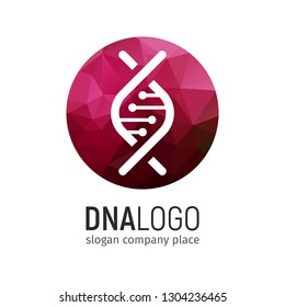 DNA logo in circle with purple polygonal texture. Isolated Deoxyribonucleic acid logotype on white background. 25 april world genetic day icon