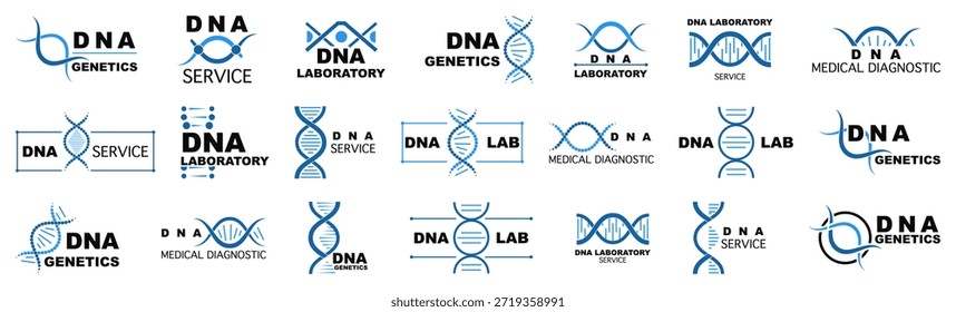 DNA logo collection with laboratory and genetics symbols. Medical science branding elements with helix shapes
