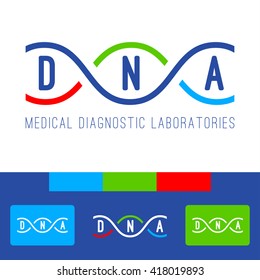 DNA Logo Of Medical Clinic Diagnostic Laboratories. Color Vector DNA Genomes Spiral On White, Blue, Red And Green Background.