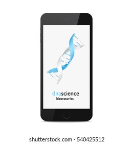 DNA logo on the realistic smart phone screen, vector icon 