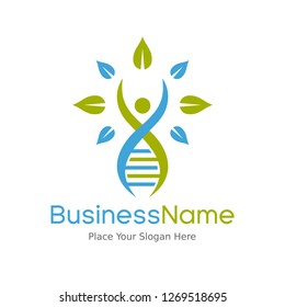 DNA logo with people or leave. Health vector design. This logo is suitable for healthy life, medical, medicine, body, cross symbol or icon, chromosome, genetic, structure and care.