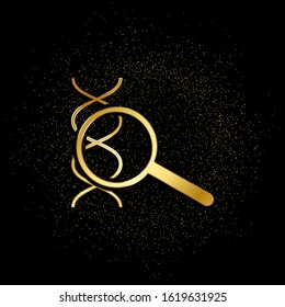 Dna, magnifier gold icon. Vector illustration of golden particle background.