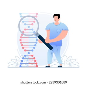 DNA magnifying glass. Genetic Analysis. Genetic research. Vector stock illustration.
