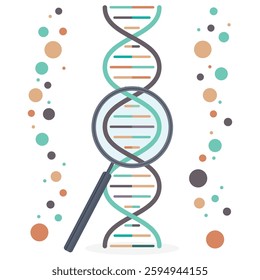 DNA and magnifying glass on white background. Vector illustration in flat style.