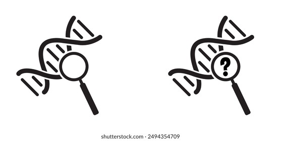 DNA mit Vergrößerungsglas. DNA-Kette, Doppelhelix-Spirallinie. RNA-Gen-Chromosom-Elemente, medizinische Atomzelle. Medizinisches Konzept der Biochemie mit DNA-Molekül. Analyse-Testtools. Suchen-Daten.