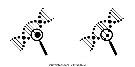 DNA with magnifying glass. DNA string, double helix spiral line. RNA gene chromosome elements, medic atom cell. Medical concept of biochemistry with dna molecule. Analysis test tools. Search data.