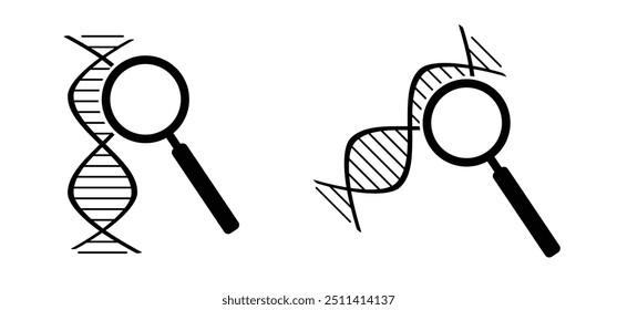 DNA with magnifying glass. DNA string, double helix spiraal line. RNA gene chromosome elements, medic atom cell. Medical concept of biochemistry with dna molecule. Analysis test tools. Search data.