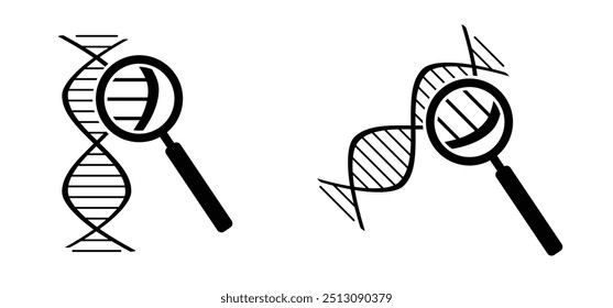 DNA com lupa. Cadeia de DNA, linha espiral de dupla hélice. cromossomas do gene RNA, células atômicas médicas. Conceito médico de bioquímica com molécula de dna. Ferramentas de teste de análise. Pesquisar dados.