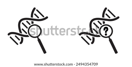 DNA with magnifying glass. DNA string, double helix spiral line. RNA gene chromosome elements, medic atom cell. Medical concept of biochemistry with dna molecule. Analysis test tools. Search data.