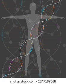 DNA and a man on a gray background. The study of human DNA. Body cloning, DNA tests, tests. Medical technology of the future.