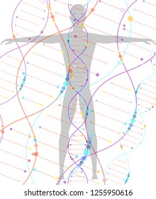 DNA and a man on a white background. The study of human DNA. Body cloning, DNA tests, tests. Medical technology of the future.