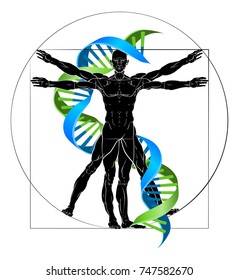 DNA medical concept with Vitruvian man figure like Leonard Da Vinci drawing and double helix strand