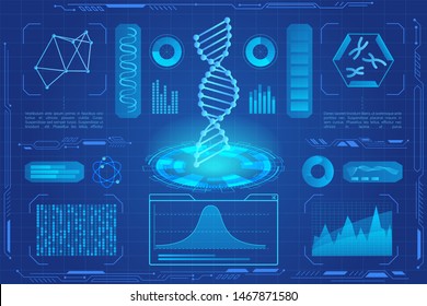 DNA modern neon light hologram vector illustration. Microbiology, genetic biotechnology, gene cell. DNA data graphs, charts. Genetic testing. Innovation technology