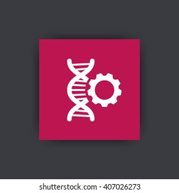 dna modification icon, pictogram with dna chain and gear, dna repair icon on square, vector illustration