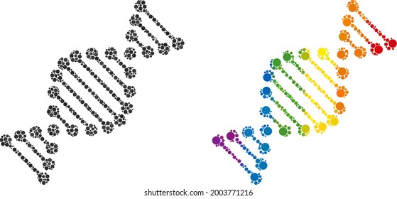 DNA molecule composition icon of filled circles in various sizes and spectrum colored shades. A dotted LGBT-colored DNA molecule for lesbians, gays, bisexuals, and transgenders.