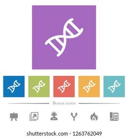 DNA molecule flat white icons in square backgrounds. 6 bonus icons included.