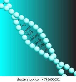 a DNA molecule into which seven deadly sins are inscribed on a blue background, a combination of medicine and religion
