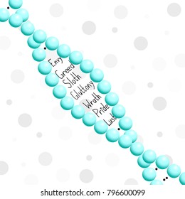 a DNA molecule into which seven mortal sins are inscribed on a white background, combining medicine and religion