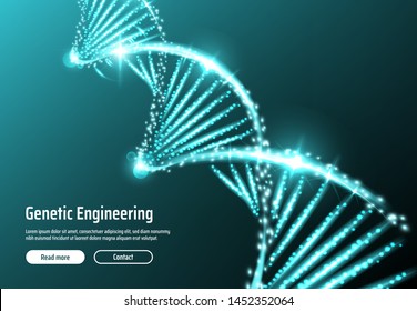 DNA molecule landing page vector design of genetic engineering medical laboratory. Double helix of DNA with spiral strands of glowing blue lines and particles. Science research of medicine and biology