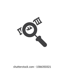 DNA molecule and magnifying glass vector icon. filled flat sign for mobile concept and web design. DNA, genetics research glyph icon. Symbol, logo illustration. Vector graphics