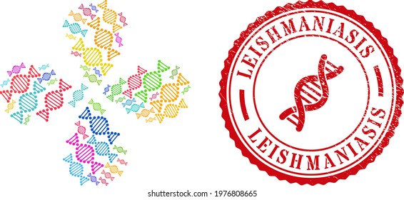 DNA Molecule Multi Colored Exploding Flower Cluster, And Red Round LEISHMANIASIS Rough Rubber Print. DNA Molecule Symbol Inside Round Rubber Print.