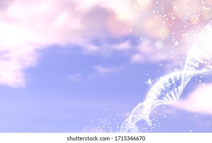 Dna molecule on blue sky with white clouds. Vector illustration.