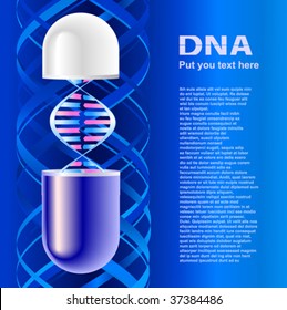 DNA molecule in pill. Text on image only sample and have not sense, generate special program
