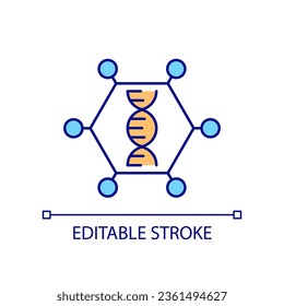 DNA molecule RGB color icon. Scientific research. Chain structure. Inheritance code. Biochemistry. Isolated vector illustration. Simple filled line drawing. Editable stroke. Arial font used