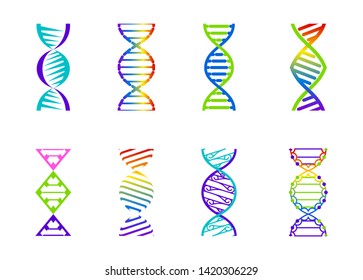 DNA molecule sign set, genetic elements and icons collection strand. Vector color gradient illustration.