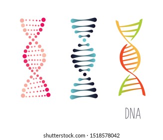 DNA molecule sign set, genetic elements and icons collection strand. Vector color gradient illustration.