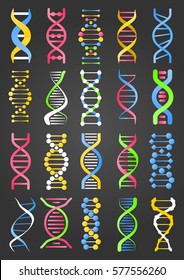 DNA molecule strand colourful twenty signs collection on black background. Vector poster of molecules that carry genetic instructions used in the growth and reproduction of all living organisms.