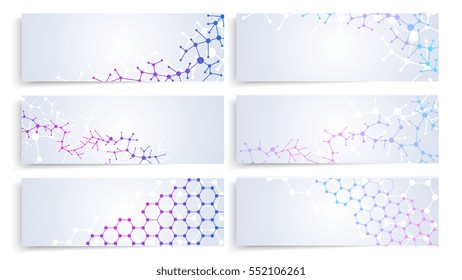 Dna molecule structure, brain cells connection. Vector chemistry medical banners. Set of card and poster with molecule structure pattern illustration