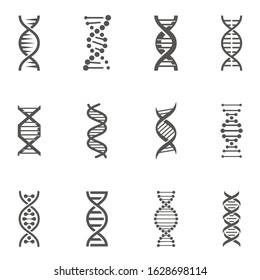 DNA molecule structure, gene spirals glyph icons set. Genetics, biotechnology science. Chromosomes, human cells monochrome vector illustrations collection isolated on white background