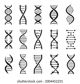 Dna molecule structure icons. Chromosome chain helix, genetic code logo. Biotechnology, medical science, gene strand silhouette icon vector set. Spiral form, laboratory isolated icon