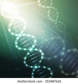 DNA molecule structure on a green background. Science vector background.
